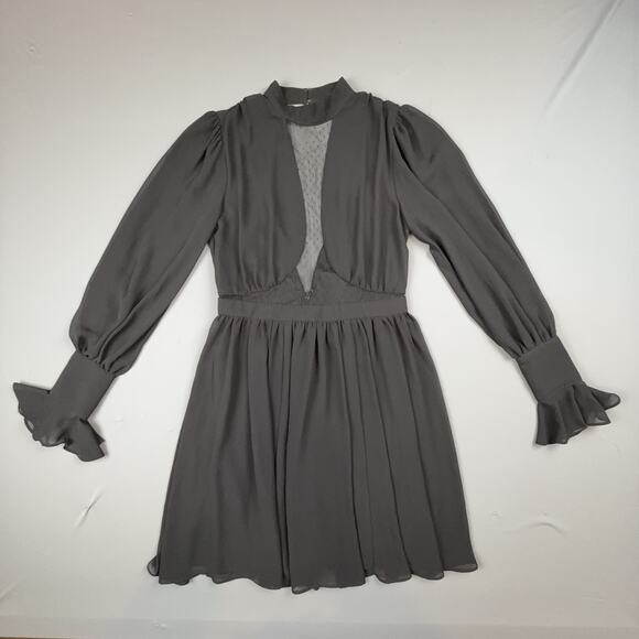 Express Chiffon Mesh Inset Mini Dress Black 0 Long Sleeve High Neck Goth Romance - Picture 1 of 9